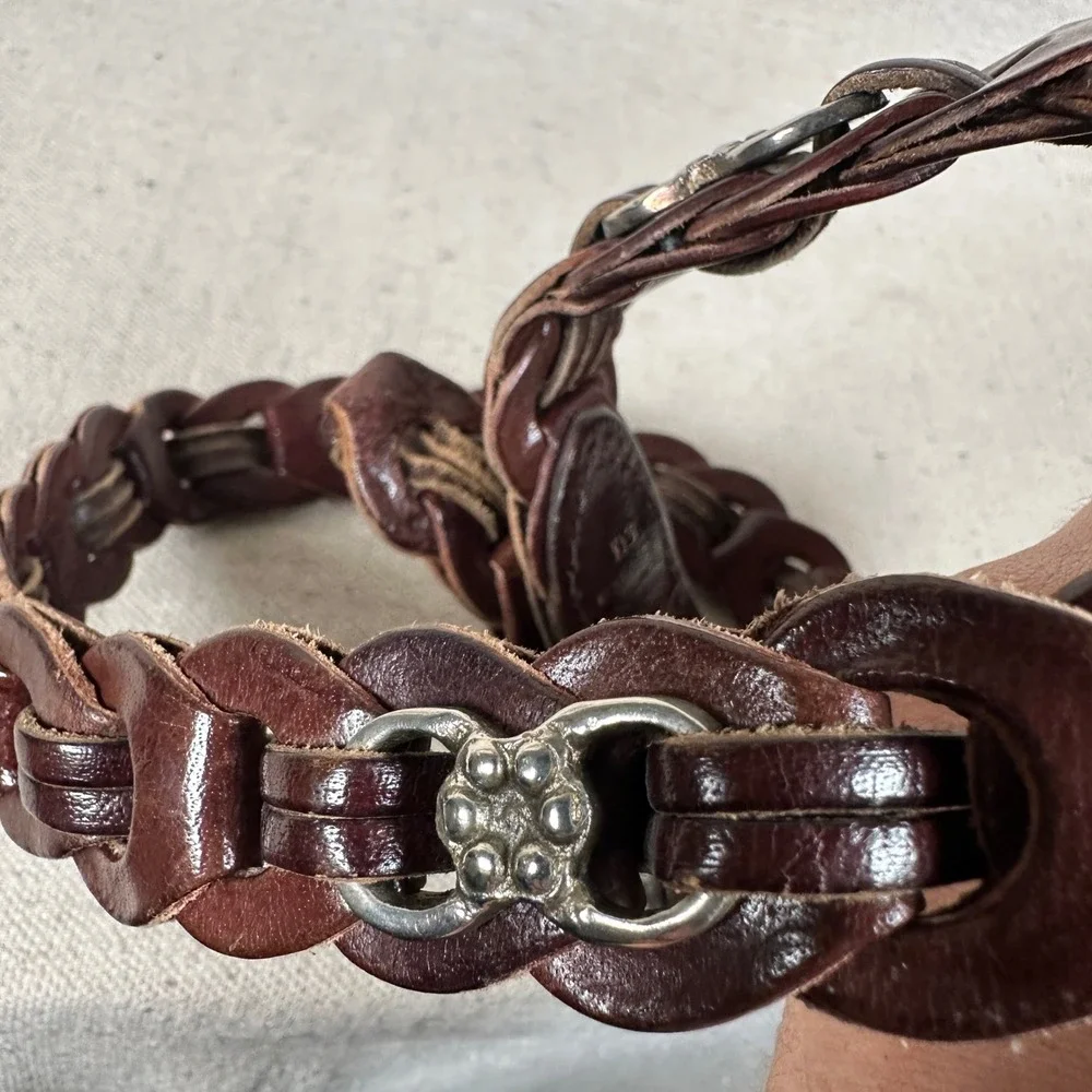 Western‎ Brown Braided Genuine Leather Belt Silver Flower Concho Accents Size SM